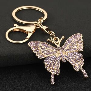 Sparkling Purple Rhinestone Butterfly Keychain/Bag Charm Metallic Key NIP